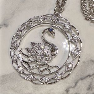 Swan Rhinestone Pendant Necklace Vintage Sara Coventry MCM Gift Women Christmas